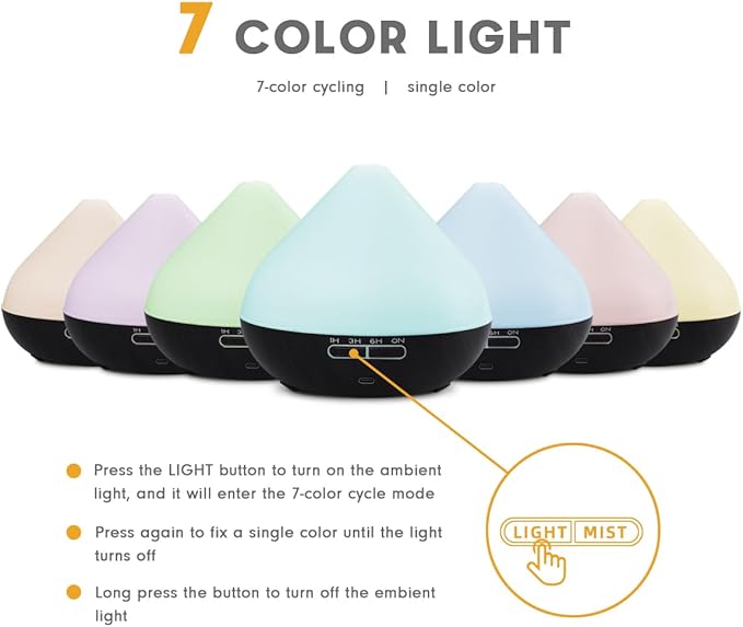 550ml Large Capacity Diffuser with Essential Oils, Aromatherapy Ultrasonic Air Humidifier for Bedroom, 7 LED Lights, Timer and Waterless Auto-Off for Home Decor Gift,Office Spa