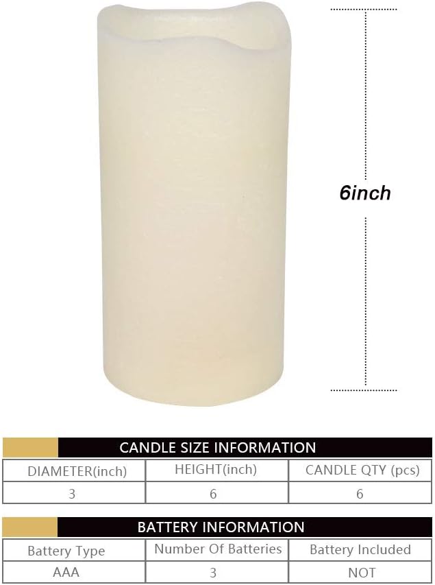 H-BLOSSOM Flickering Flameless Candles Battery Operated Real Wax Pillar Candles LED Candles with Cycling 5H Timer Pack of 6 (3" x 6")