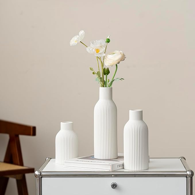 Modern Ceramic Vases Set of 3, White Ribbed Decorative Vases, Shelf Table Centerpiece for Home Decor, Birthday Gifts for Women, Mom, Grandma Decorative (White)