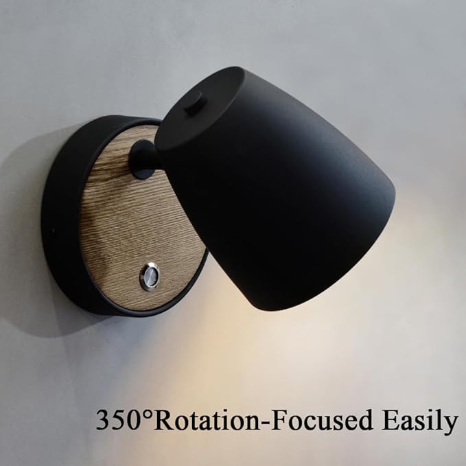 Hardwired Wall Sconce with Switch,Modern Black and Wood Wall Lights for Bedroom with 350°Rotation Metal Shade,Indoor E26 Wall Lamp for Living Room,Dining Room,Hallway,Stairway,Wall Decor
