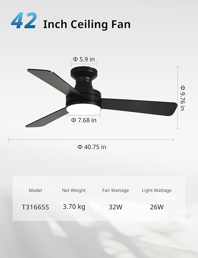 Orison Smart Ceiling Fans with Lights – 42" Low Profile Flush Mount, RGB Backlight & Dimmable LED, Alexa & Google Compatible, 6-Speed Reversible, App & Remote Control, Quiet & Energy Saving, Black