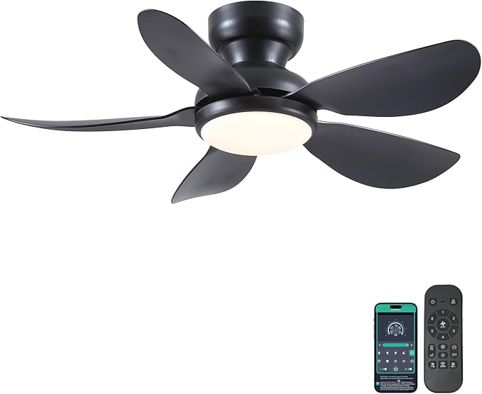 36 Inch Modern Ceiling Fans with Lights, Small Flush Mount Ceiling Fan, Remote/APP Control, 5 Reversible Curved Blades, 6 Speeds, 3 CCT Dimmable Lights for Kids Room Bedroom, Black