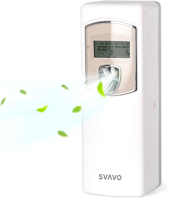 SVAVO Automatic LCD Air Freshener Dispenser - Wall Mount/Free Standing Auto Fragrance Dispenser Programmable Aerosol Spray Perfume Dispenser for Bathroom, Hotel, Office, Commercial Place, White