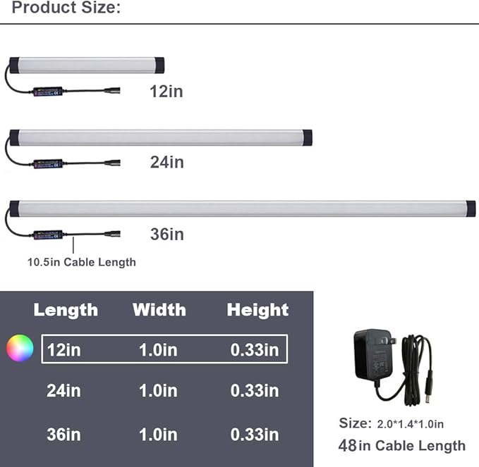 Dimmable Under Cabinet Lighting, RGB LED Light Bar, RF Remote Control Lamp, Multicolor Under Counter Lights for Desk, Room, Cupboard, Hallway, Shelf, Closet (12 Inch)