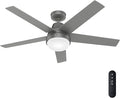 Hunter 52 inch Indoor Ceiling Fan with LED Light and Remote Control - Silver Modern Smart Ceiling Fan, Standard Mount, 5 Blades, For Bedroom, Living Room, or Kitchen - Aerodyne 51315, Matte Silver