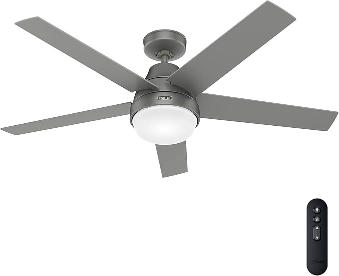 Hunter 52 inch Indoor Ceiling Fan with LED Light and Remote Control - Silver Modern Smart Ceiling Fan, Standard Mount, 5 Blades, For Bedroom, Living Room, or Kitchen - Aerodyne 51315, Matte Silver