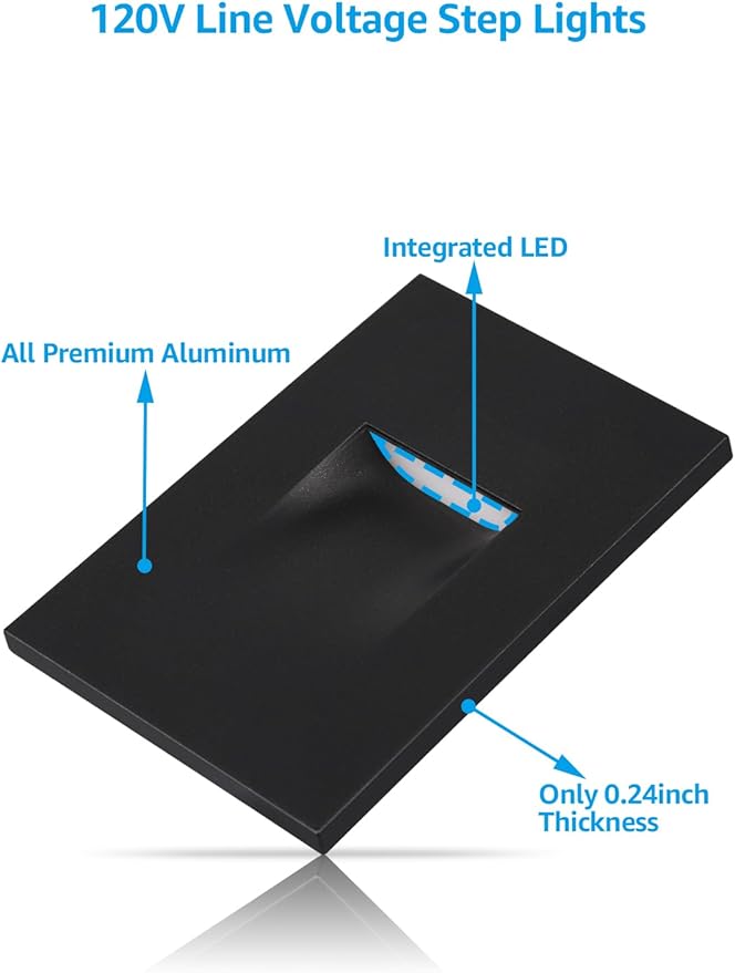 LEONLITE Black 5CCT 120V LED Step Lights, 3.5W 150LM 5%-100% Dimmable Horizontal Stair Lights Indoor Outdoor Wet Location, CRI90+ & ETL, 2700K/3000K/3500K/4000K/5000K, Aluminum, Pack of 3