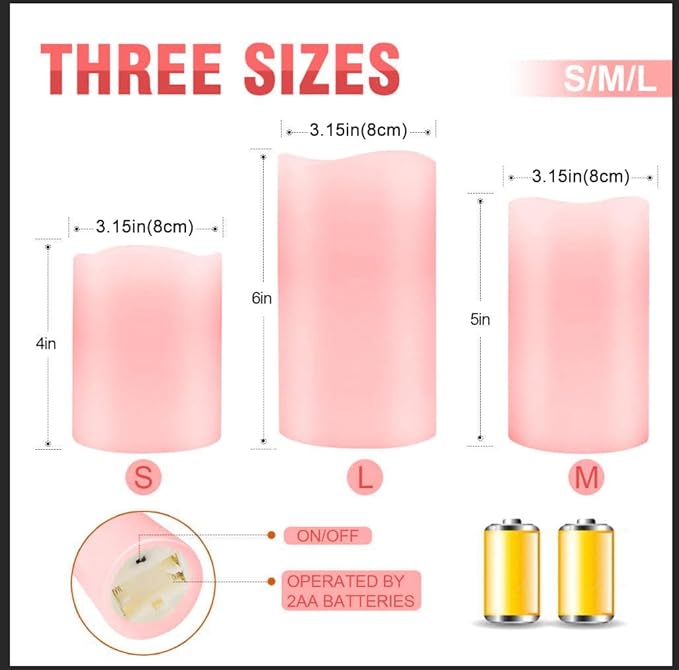 JUNPEI Flameless Led Battery Operated Candles: Flickering Electric Candles 4" 5" 6" Set of 3 Real Wax 10-Key Remote Control with 2/4/6/8-hours Timer Function,Cycling 24 Hours Timer, 300+ Hours (Pink)