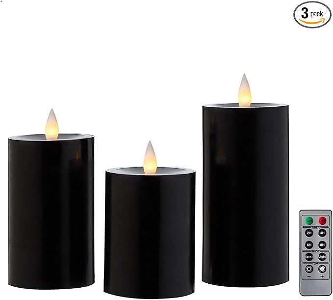 Flameless Pillar Candles Flickering with Remote Timer, Battery Operated LED Candles Up to 400 Hours, 3D Moving Flame Real Wax Candles. (Black)