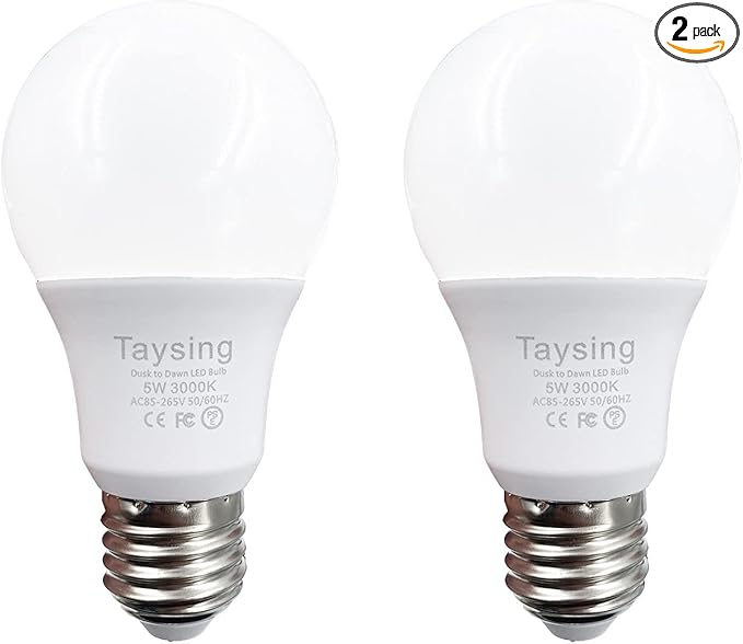 Taysing Dusk to Dawn Light Bulbs Auto On/Off 40 Watt Equivalent Smart Light Sensor LED Bulb Security Bulb Outdoor Night Light Bulb Garage Porch 5W 500lm E26 Soft White 2 Pack