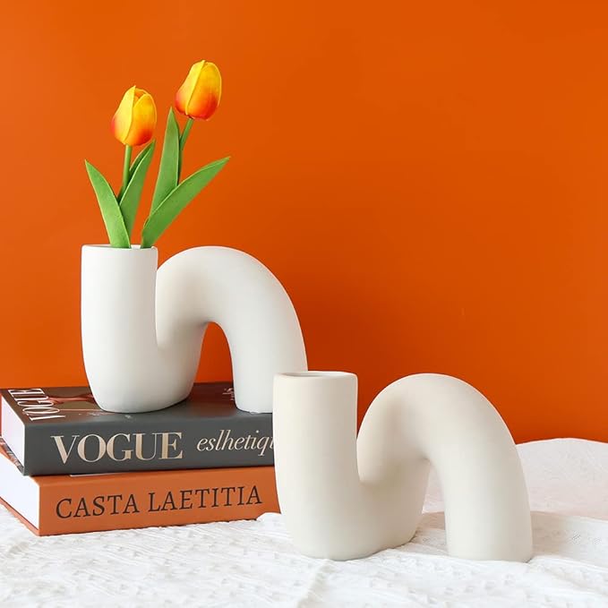 White Ceramic Flower Vase for Decor,Modern Minimalist Abstraction Vases,Farmhouse Decorative vase for Centerpieces,Kitchen,Office, Living Room,Wedding Floral Decoration (White)