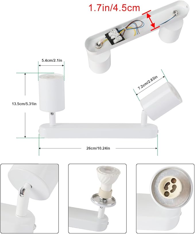 2 Way Track Lighting Kit Flexibly Rotatable Track Light Ceiling Kitchen LED Ceiling spot Light for Bedroom, Picture Wall, Hallway, Office, Bar, GU10 Socket (White-2)