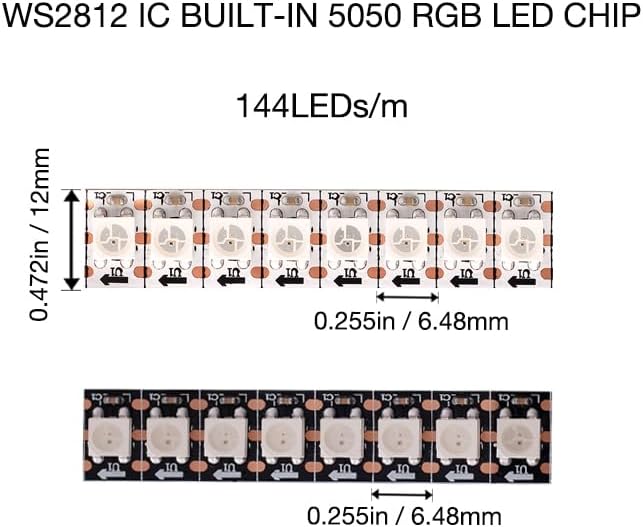 WS2812B RGB LED Strip, Individually Addressable LED Strip, Chasing Effects Dream Color 5050SMD 3.2FT 144 LED Pixel Strip Rope Light DC 5V (Black PCB 3.2FT 144Pixels/m IP30)