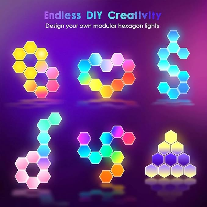 Hexagon LED Lights 10 Pack, Smart RGB Wall Decor with APP/Voice Control, Music Sync, DIY Modular Honeycomb Lights for Gaming Room, Bedroom, Home Theater Wall Decor