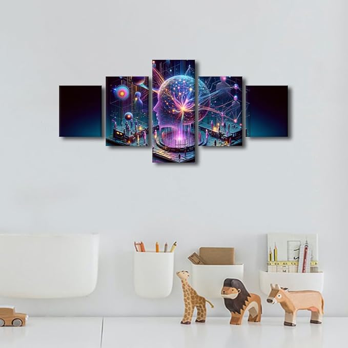 TUMOVO 5 Panel Human Head with Glowing Neurons in Brain Wall Art Ai Generative Canvas Painting Human Brain Pictures for Living Room Wall Decoration Posters and Prints for Bedroom Office 50" Wx24 H