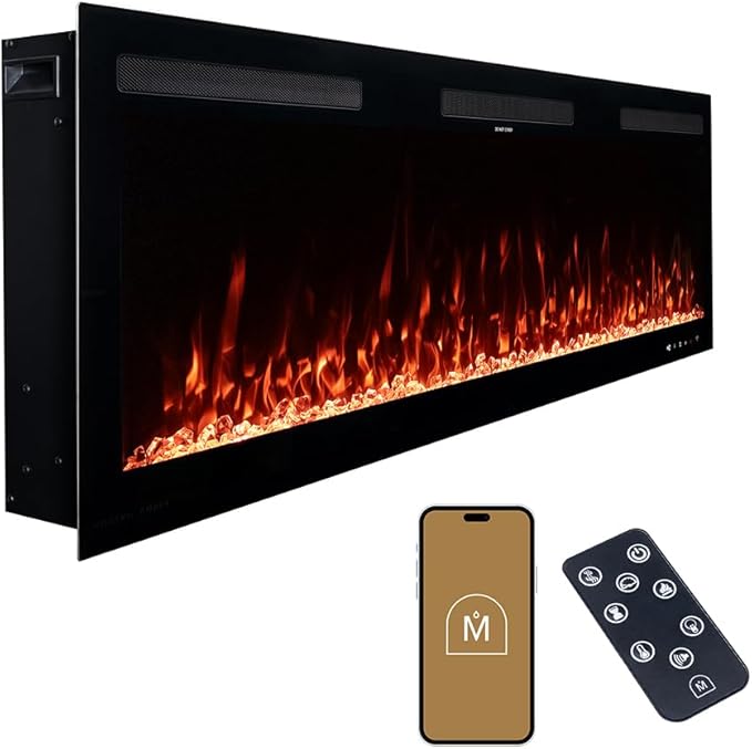 Modern Ember Vibrance 50 Inch Smart Linear Electric Fireplace Insert - Recessed or Wall-Mount, LED Multi-Flame Colors, Alexa/WiFi Enabled - Remote Included - Crystals
