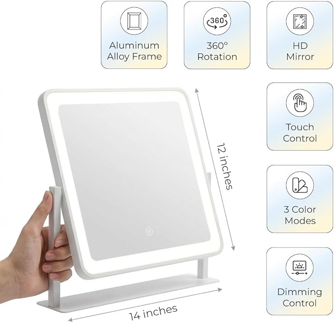 Vanity Mirror with Lights, 12"×14" Makeup Mirror with Lights, LED Makeup Mirror, Smart Touch with 3 Color Lighting Modes, Brightness Adjustable, for Bedroom Tabletop - White