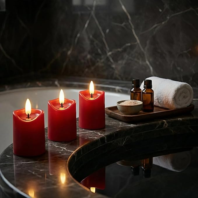 Simplelight Red Flameless Votive Candles with Timer, Realistic Black Wick Valentine’s Day Candles Battery Operated, Battery Included, D 1.8” X H 3.1”, Set of 6 for Wedding, Christmas Decoration (Red)