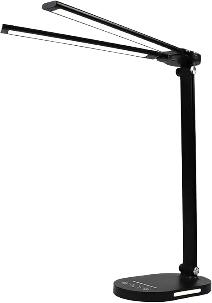 LED Double Head Desk Lamp with Night Light, 5 Color Temp, Slide Steplessly Adjust Brightness, 60 min Timer, Touch Control, Foldable Table Light for Working, Reading (Black Rechargeable)