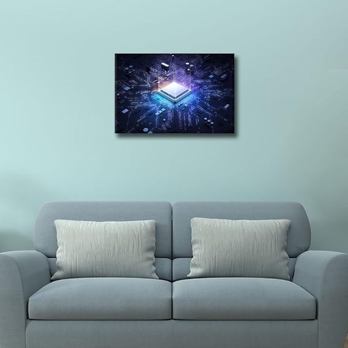 TUMOVO 1 Piece Canvas Wall Art Print Glowing CPU Wall Art for Bedroom Futuristic CPU Wall Decor Art Paintings Computer Chip Modern Giclee Artwork for Office Home Decor Ready to Hang, 18x12in