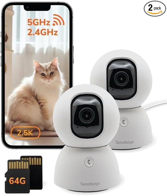 SensForge 2.5K Pan-Tilt Security Camera, 360° Dual-Band WiFi Camera for Home, Free AI Human & Pet Detection, 2-Day Cloud + 64GB SD Storage, Two-Way Talk, Optional AI + Storage Upgrade (2, White)