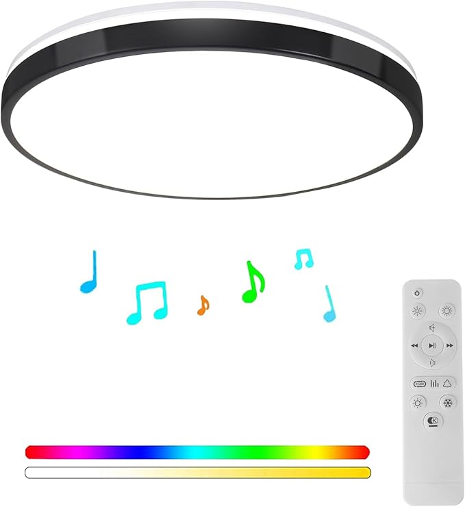 HOREVO 24W LED Ceiling Lamp Black Flush Mount Ceiling Light Fixture with Bluetooth Speaker with Remote Control,RGB Color Changing Light for Bedroom,Living Room,Kid's Rooms,Kitchen.(Need Wired)