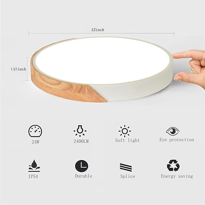 Wood LED Flush Mount Ceiling Light, 3CCT 3000K-6500K Modern Round Close to Ceiling Lighting Fixtures,12 Inch Minimalist White Ceiling Lamp for Living Room, Bedroom, Laundry Room, Not Dimmable
