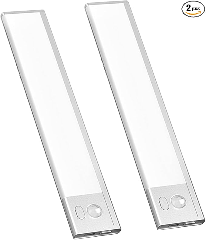 2 Pack Under Cabinet Lighting, 3 Colors & Dimmable Motion Sensor Light Indoor, 900mAh Rechargeable Under Cabinet Lighting Magnetic for Kitchen, Stairs, Closets, Silver(Aluminum Alloy+ABS +PC)