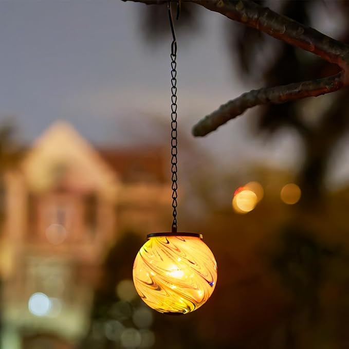 Solar Hanging Lanterns Outdoor, Solar Gazing Ball Lights, Waterproof Hanging Glass Light for Garden Yard Tree Home Xmas Decoration, Blue Swirl