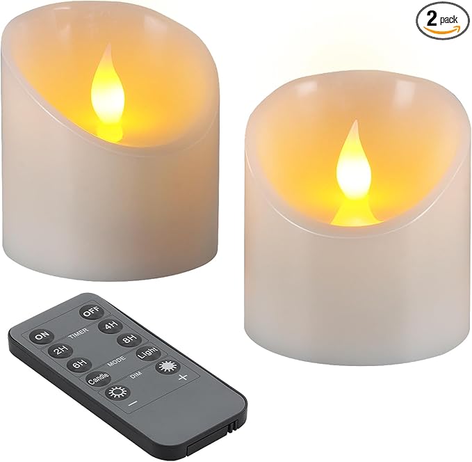 3"x3" Flickering Flameless Candles, Realistic LED Candles, Battery Operated Candles with Remote and Timers, Real Wax Electric Fake Pillar Candles for Festival Wedding Home Party Decor -2Pack