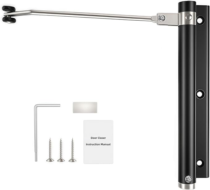 Automatic Door Closer, Stops Door Slamming, Ultra-Quiet Soft Close for Home & Apartment Doors, Upgraded Aluminum Roller Arm, Scratch-Free, Adjustable Speed, Self Closing Spring Door Closer, Black