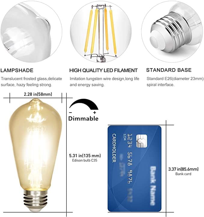 Dimmable Vintage Edison Bulb 4W,Equivalent 40W Incandescent,ST18 Antique LED Filament Bulbs,2700K Warm White 450 Lumens,E26 Led Bulb,Pack of 12