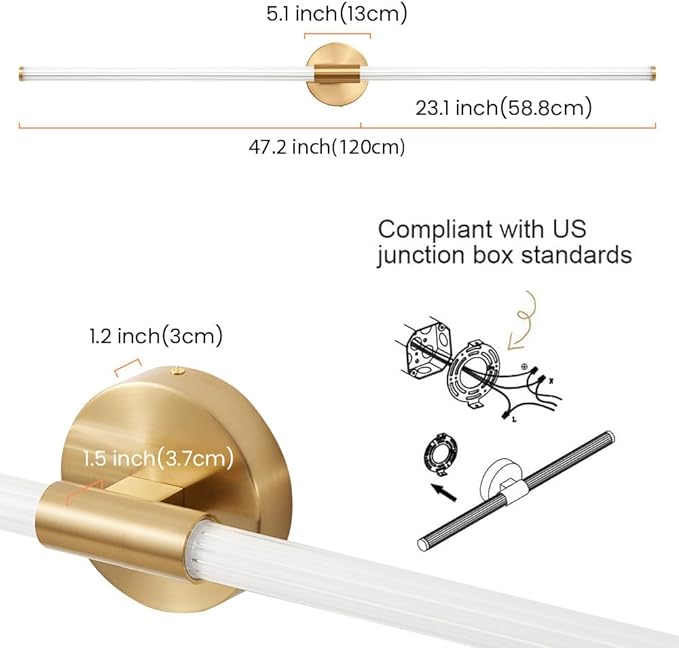 Gold Bathroom Vanity Lights 47 inch Long Bathroom Light Fixtures Over Mirror Hardwired, Dimmable LED 360° Full Lighting Modern Vanity Light Bar Wall Sconce Warm Light for Bedroom Living Room