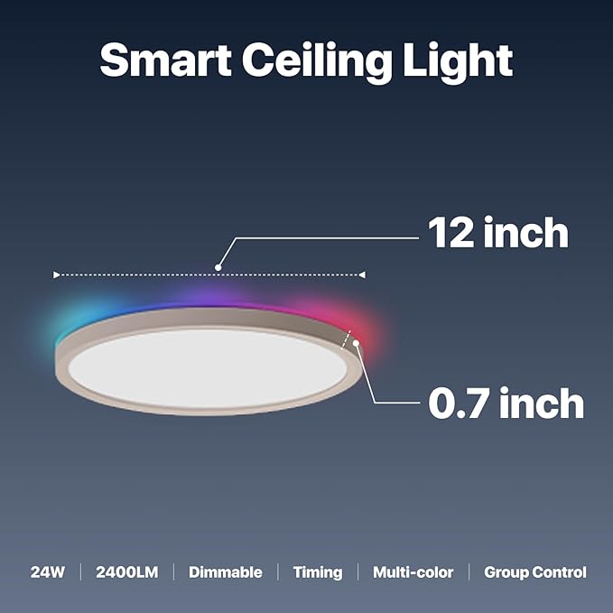 Smart LED Ceiling Light Flush Mount,12inch RGB Ceiling Light Fixture with Remote Control,Dimmable 3000K-6500K,Night Light 2000K,Memory Function,Compatible with Alexa,Google,Tuya