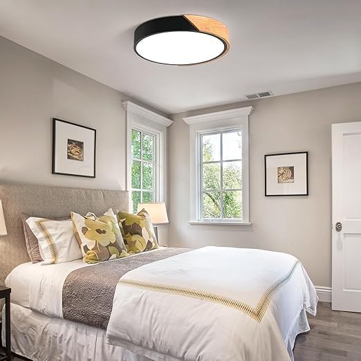 Vikaey Modern Dimmable Wood Ceiling Light, Minimalist LED 5CCT 2700K-6000K Flush Mount Ceiling Light Fixture, Round Lighting Lamp for Bedroom, Laundry Room, Hallway, Entryway, Black, 11.8"
