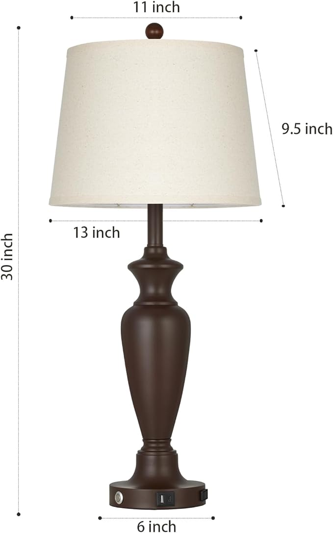 30" Tall Brown Table Lamp for Living Room, 3-Way Dimmable Touch Control Bedside Lamp for Bedroom Nightstand with USB A+C Ports & AC Outlet (1 Pack)