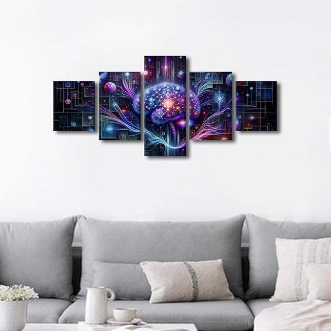 5 Panel Living Room Wall Decor Digital Brain Canvas Wall Art Neural Network Wall Decorations for Bedroom Technology Picture for House Wall Decoration Artificial Intelligence Poster for Room 50"Wx24"H