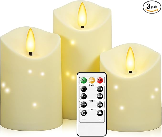 Outdoor Waterproof Flickering Flameless Candles with Embedded Star String,3Pcs LED Pillar Candles Battery Operated with Remote and Timers for Courtyard,Porch,Camping,Holiday Decoration(Ivory)