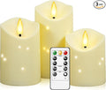 Outdoor Waterproof Flickering Flameless Candles with Embedded Star String,3Pcs LED Pillar Candles Battery Operated with Remote and Timers for Courtyard,Porch,Camping,Holiday Decoration(Ivory)