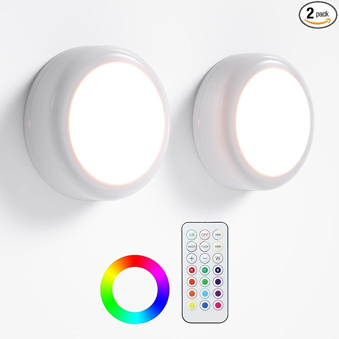 LED Puck Lights with Remote Control, Under Cabinet Lighting Stick on Tap/Push Lights, Battery Operated Closet Lights, Wireless Led Wall Light for Bedroom, Under Counter Light for Kitchen,2 Pack