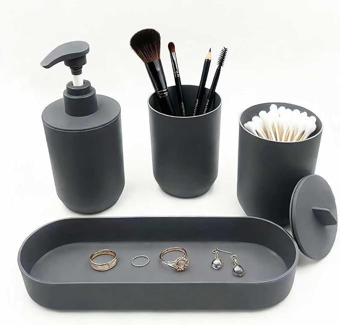 4-Piece Bathroom Accessory Set, Dark Gray Plastic Home Organizer with Toothbrush Holder, Lotion Soap Dispenser, Qtip Holder & Vanity Tray – Modern Home Decor for Any Bathroom