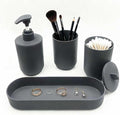4-Piece Bathroom Accessory Set, Dark Gray Plastic Home Organizer with Toothbrush Holder, Lotion Soap Dispenser, Qtip Holder & Vanity Tray – Modern Home Decor for Any Bathroom