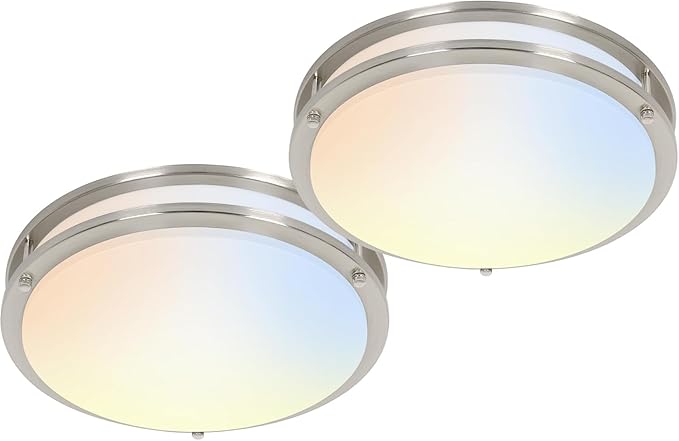 hykolity 16 inch Dimmable LED Flush Mount Ceiling Light Fixture, Nickel, 36W, 2200LM, 2.7/3/3.5/4K/5K Adjustbale, 120°Light Angle, CRI90, Ceiling Lamp for Bedroom, Kitchen, Office, ETL Listed 2Pack