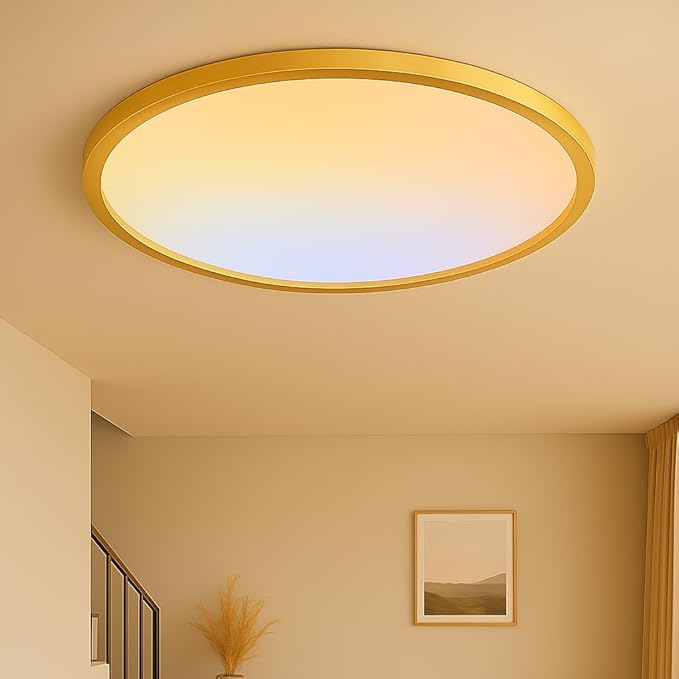 MOONSEA 16 Inch Flush Mount LED Ceiling Light Fixture 32W, 3200LM Dimmable 3000K/4000K/6500K 3 Color Selectable, Low Profile Ceiling Lamp for Kitchen Bedroom Hallway, Gold