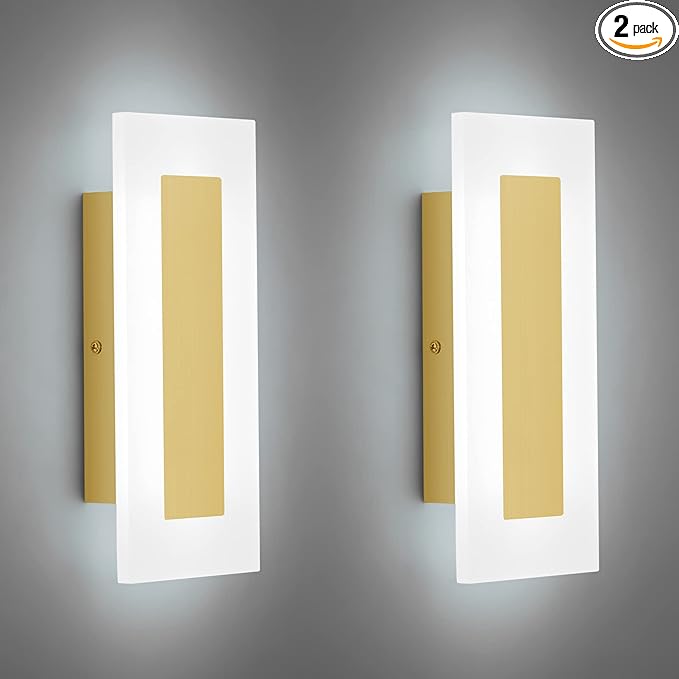 LMQNINE Modern LED Acrylic Gold Wall Sconce White Light 6000K for Bedroom Corridor Stairs Bathroom Indoor Lighting Fixture Lamps Home Room Decor (2- Pack)…