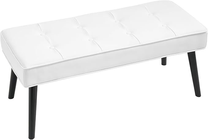 LOULENS 40'' PU Leather Tufted Ottoman Bench, Modern Upholstered End of Bed Bench, Waterproof Leather Entryway Bench with Wood Legs, Accent Footrest for Living Room, White