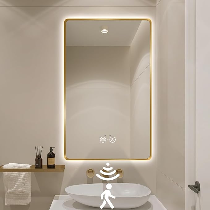 36" H x 24" W Gold LED Bathroom Mirror, Smart Backlit Mirror with Infrared Motion Sensor Lights, Anti Fog, Stepless Dimmable & Color Temperature Adjustment, Wall Mounted Vanity Mirror, CRI≥93