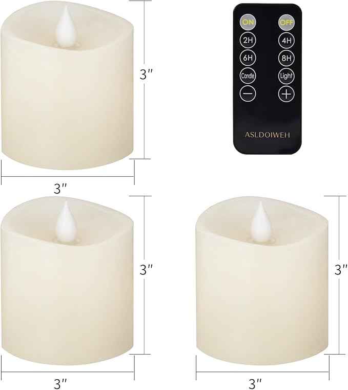 3x3 Flickering Flameless Candles Set of 3, 2AA Battery Life 600 Hours Battery Candles Flickering with Timer,3 inch Flameless Candles with Remote for Indoor/Outdoor, Ivory