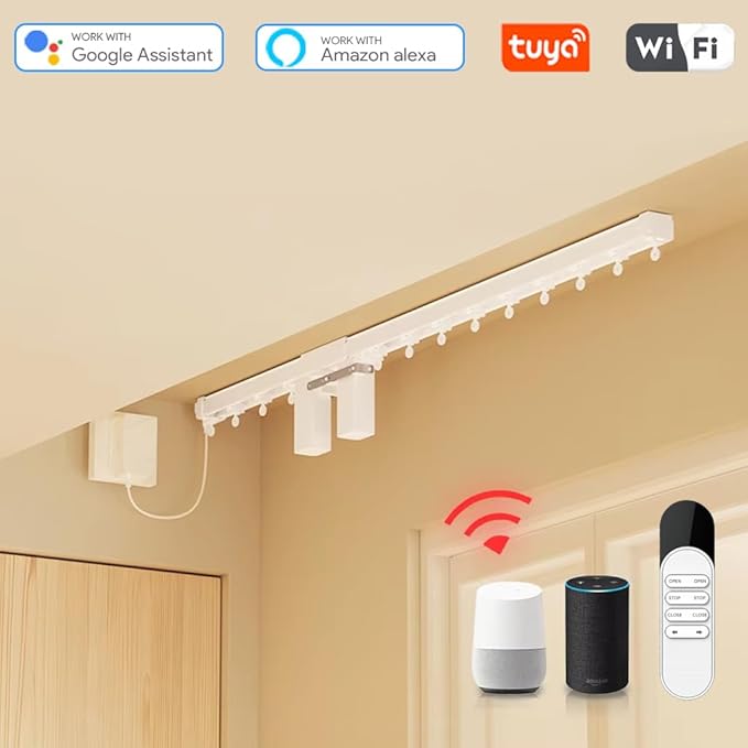 WiFi Smart Curtain Motor Track System, Dual Motor Independent Control Electric Drapery Rods, Mini Automatic Opener for Alexa Google Home, 1.2N.m Heavy Duty (5 meters (196.8 inches))