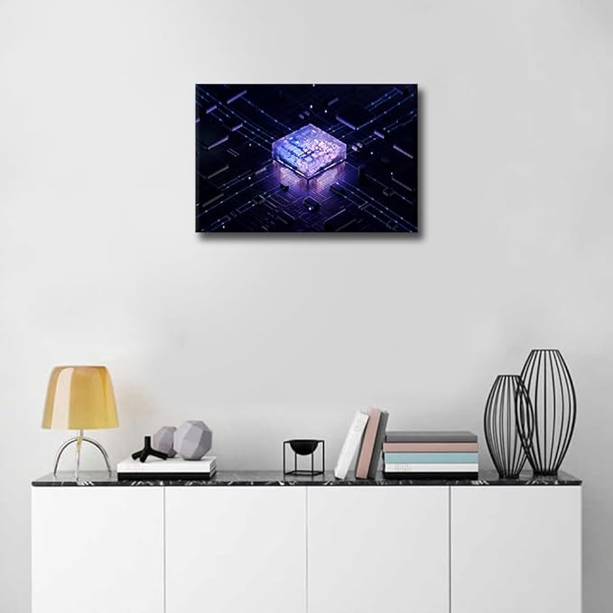 TUMOVO 1 Panel Wall Art Glowing CPU Poster on Canvas, USA Art Paintings CPU Concept Picture Giclee Internet Concept Artwork Prints for Modern Office Home Decoration, 18x12in